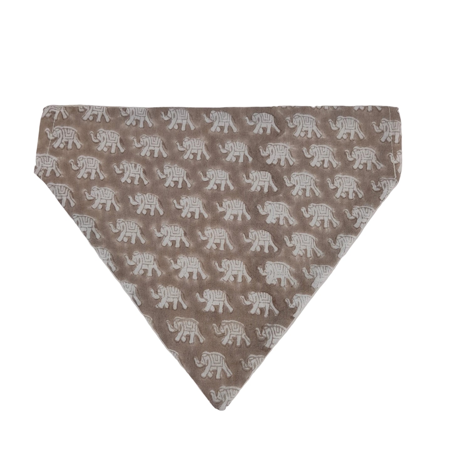 A triangular bandana-style pet collar or bib in taupe brown with a repeating white elephant print, laid flat on a light gray background.