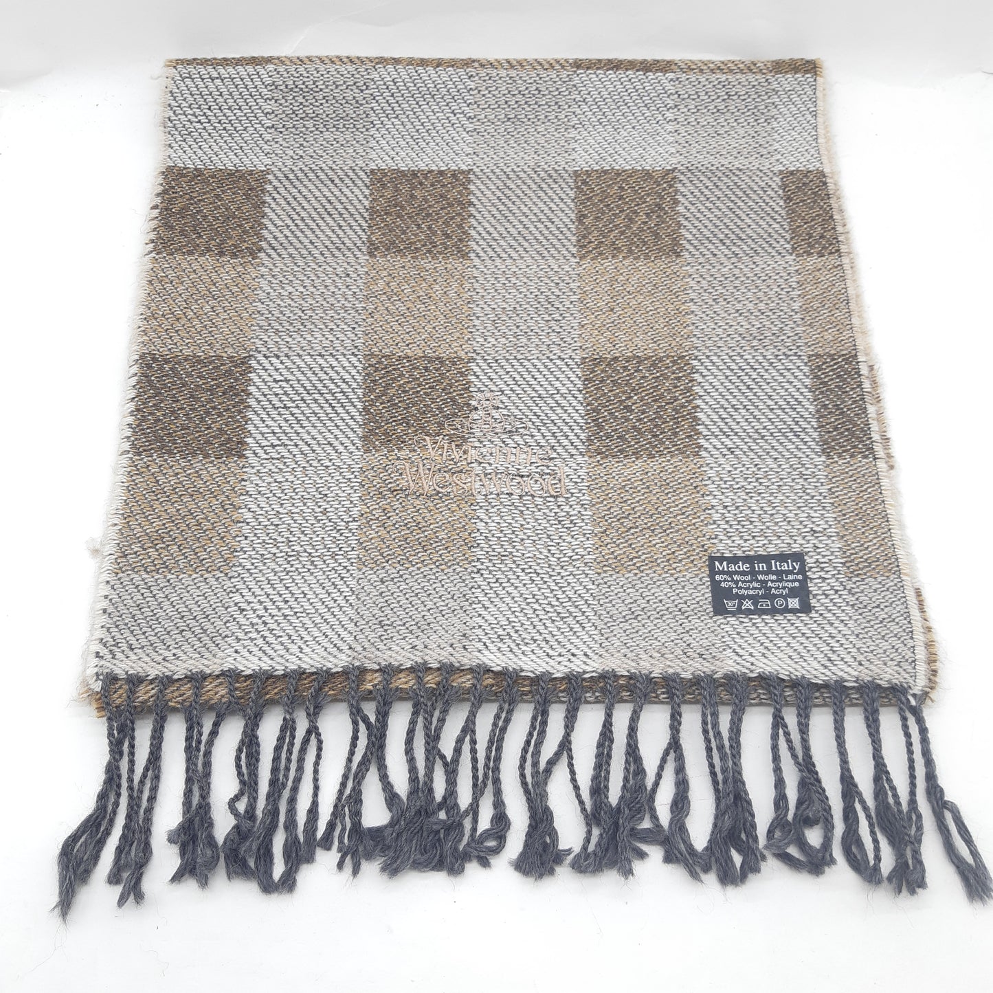 Vivienne Westwood Lambs Wool Scarf  Cream and Brown Checkerboard