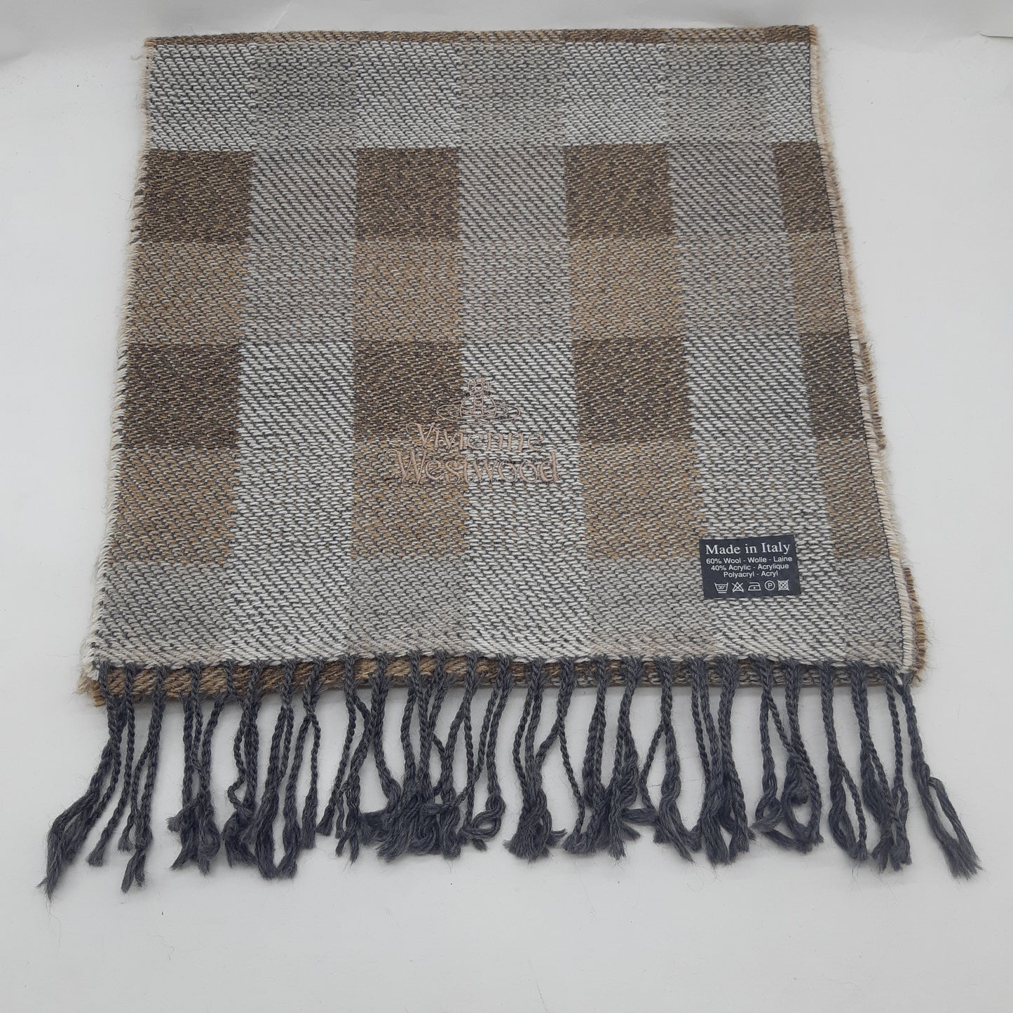 Vivienne Westwood Lambs Wool Scarf  Cream and Brown Checkerboard