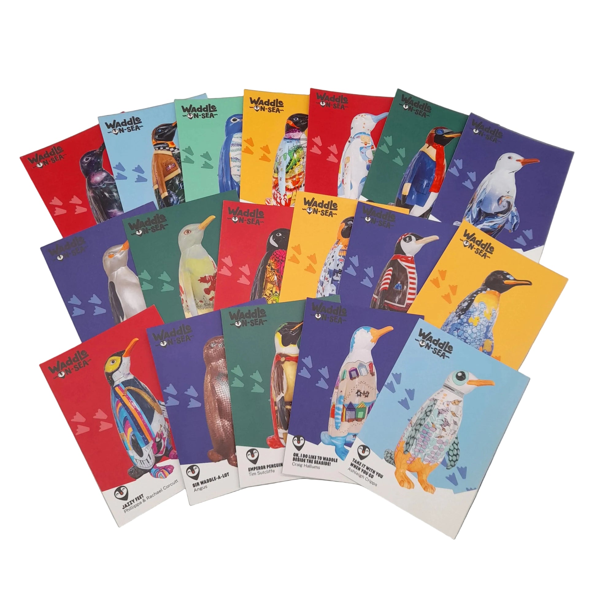 Collection of colourful greeting cards with penguin illustrations on a white background