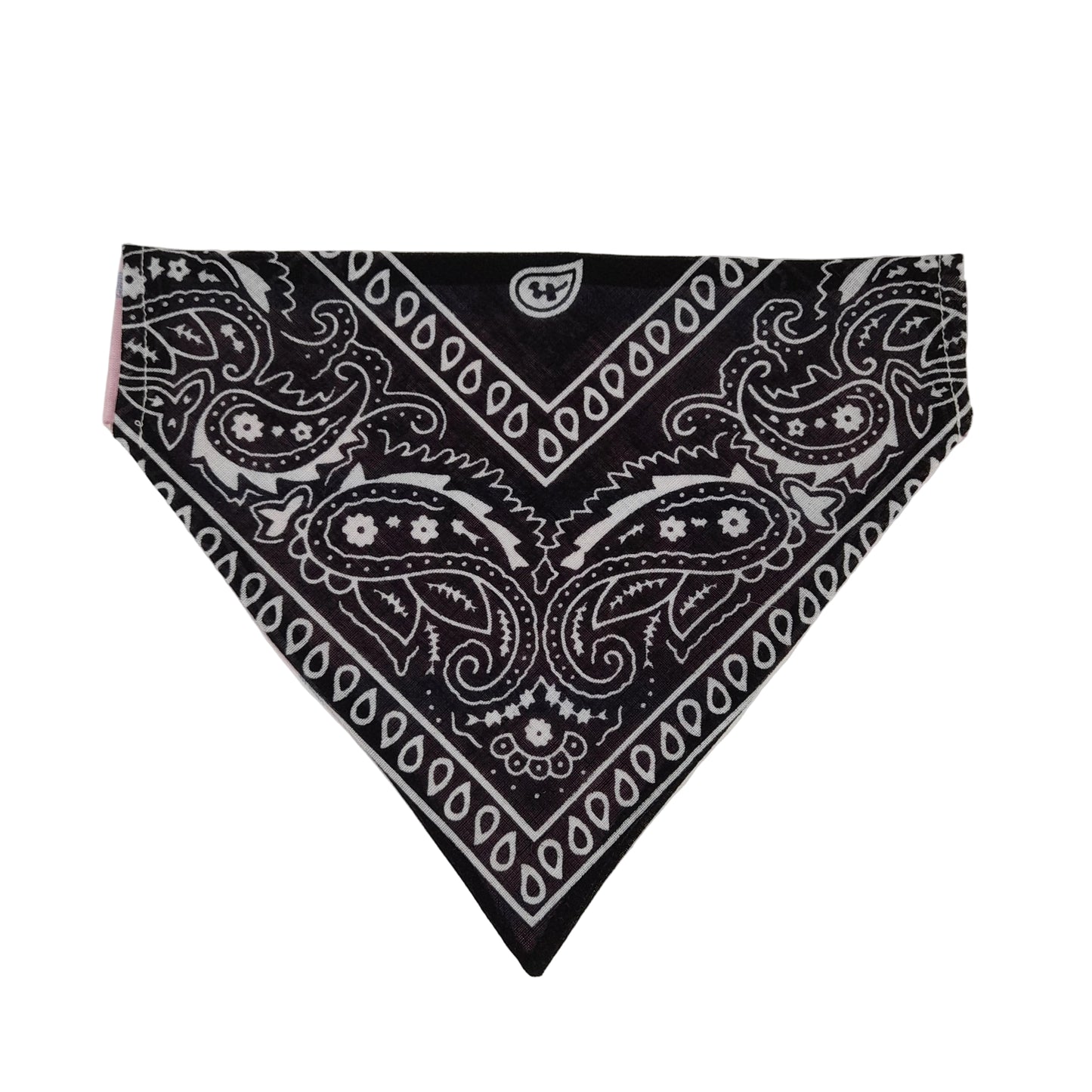 A black and white paisley bandana dog collar laid flat on a light background.