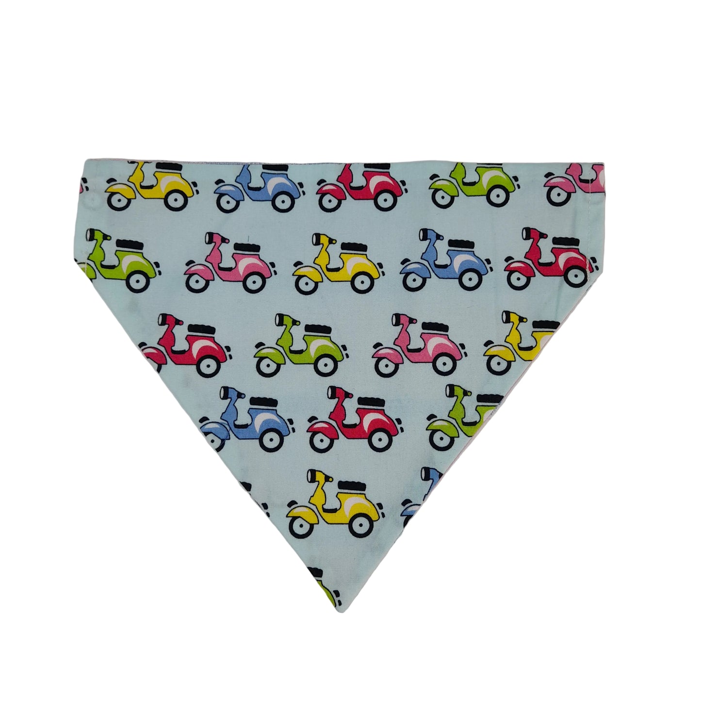 A triangular bandana or scarf made of light blue fabric, printed with a repeating pattern of colorful cartoon scooters in pink, yellow, green, and blue, displayed flat against a neutral off-white background.