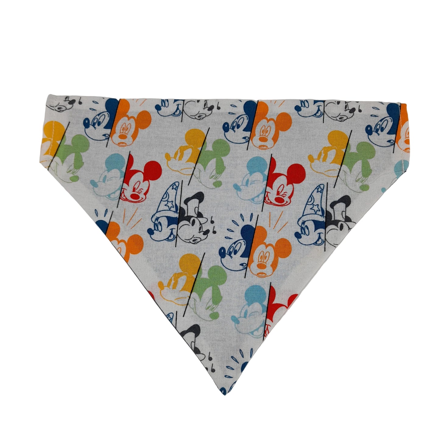 A triangular pet bandana featuring a colorful cartoon Mickey mouse pattern on a light gray background, laid flat on a neutral off-white surface.