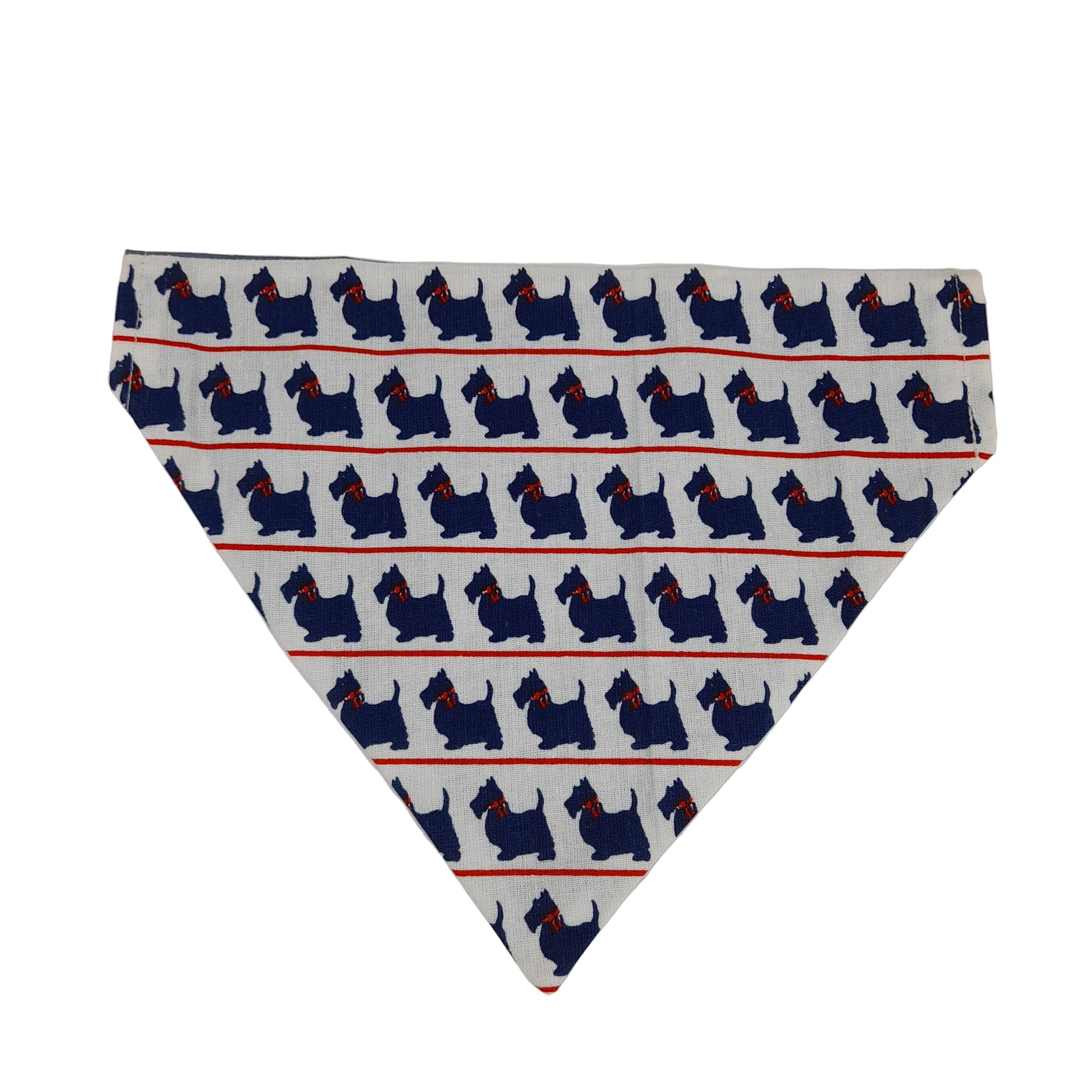 A triangular pet bandana with a repeating pattern of navy blue Scottish Terrier dogs and thin red horizontal stripes on a white background