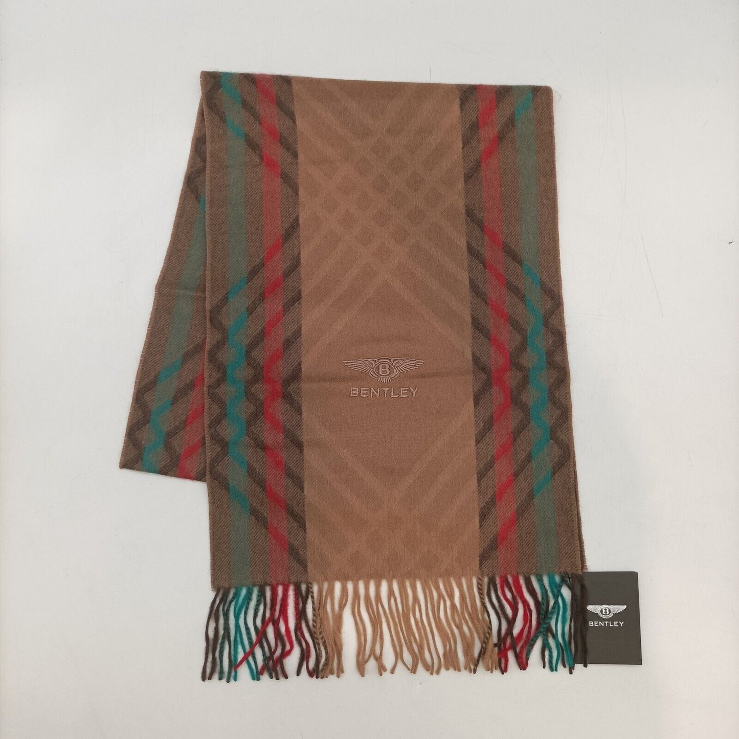 Bentley Beautiful & Soft Luxury 100% Pure Cashmere Scarf Tan ,Red & Green