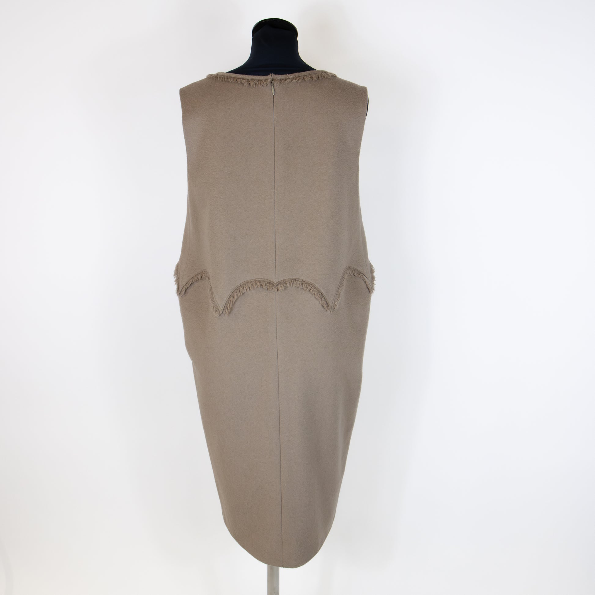 Back view of Yves Saint Laurent Alpaca Wool Taupe Fringe Shift Dress UK 8