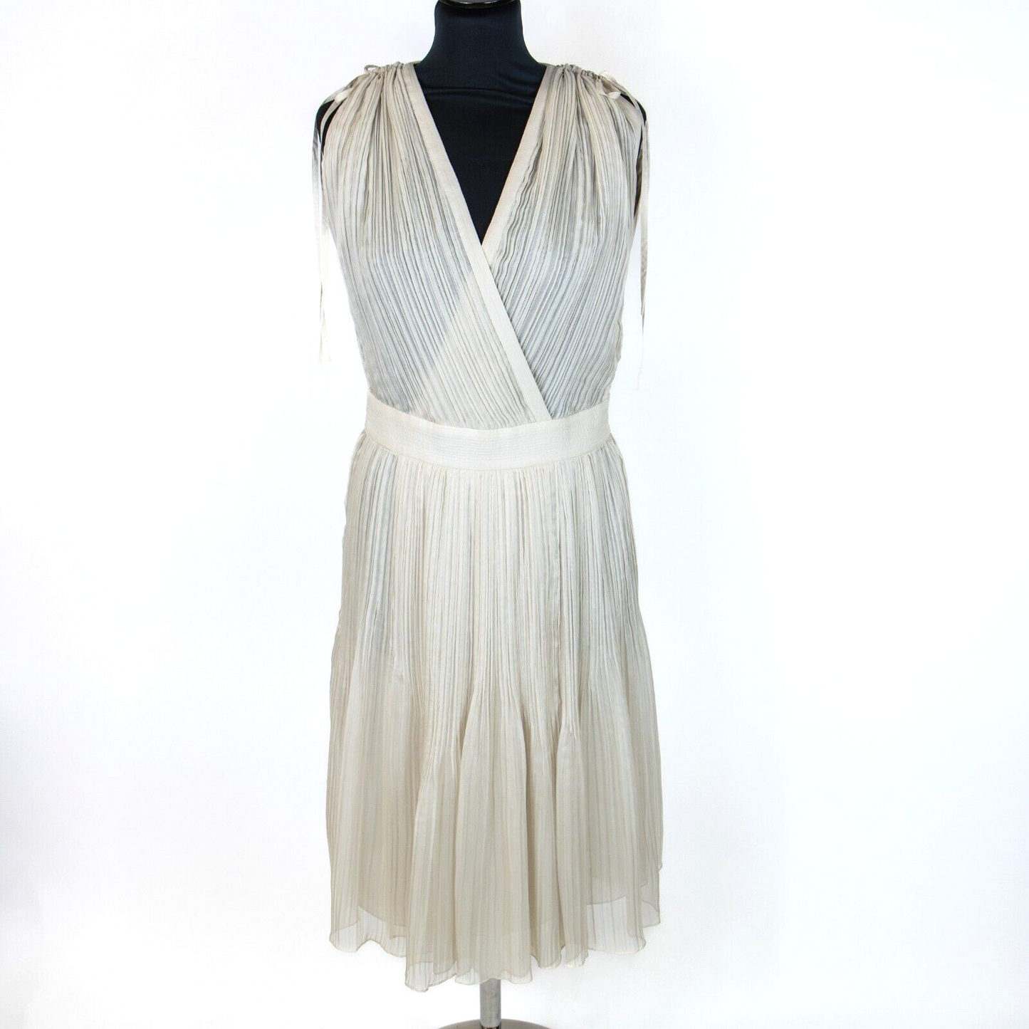 Front view of Chloé Safari Beige Plunge Pleated Wrap Knee Length Dress UK 10