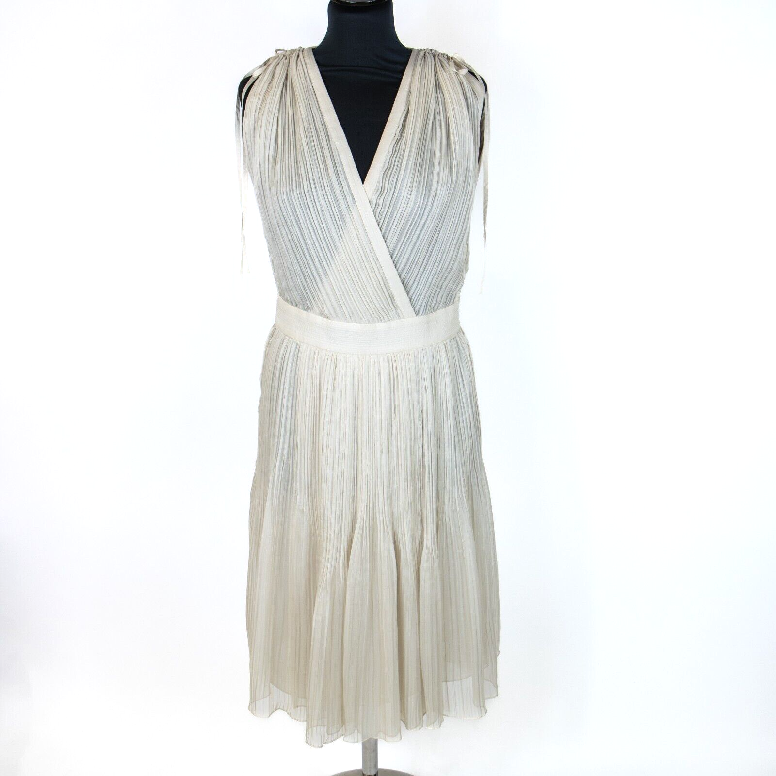 Front view of Chloé Safari Beige Plunge Pleated Wrap Knee Length Dress UK 10