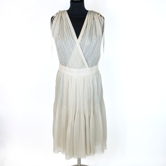 Front view of Chloé Safari Beige Plunge Pleated Wrap Knee Length Dress UK 10