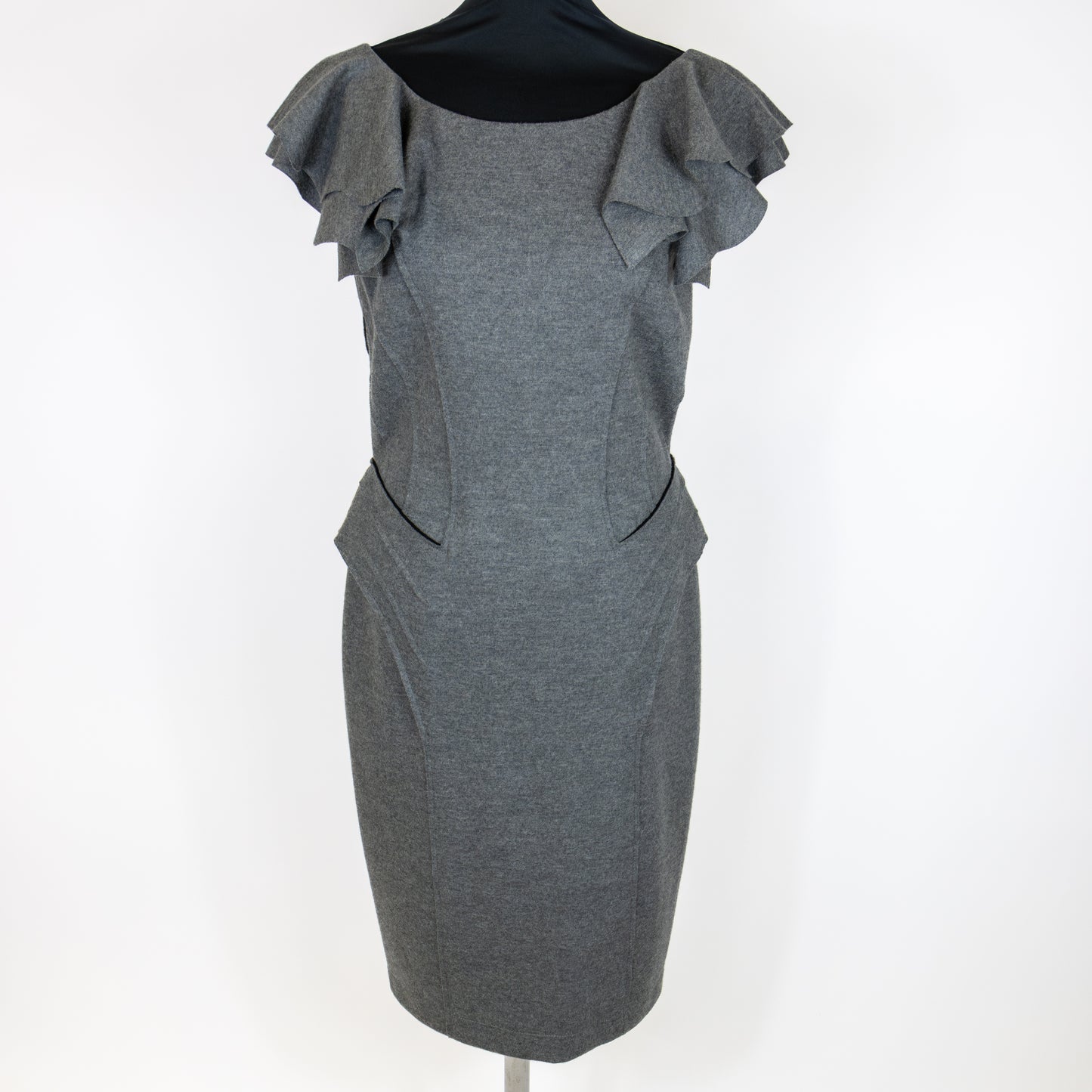 Front view of Fendi Grey Panelled Flounce Shoulder Fleece Wool Dress UK 14