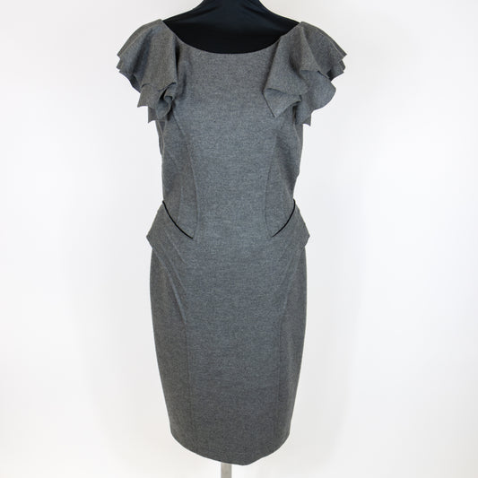 Front view of Fendi Grey Panelled Flounce Shoulder Fleece Wool Dress UK 14