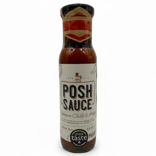 Bottle of Posh Sauce on a white background