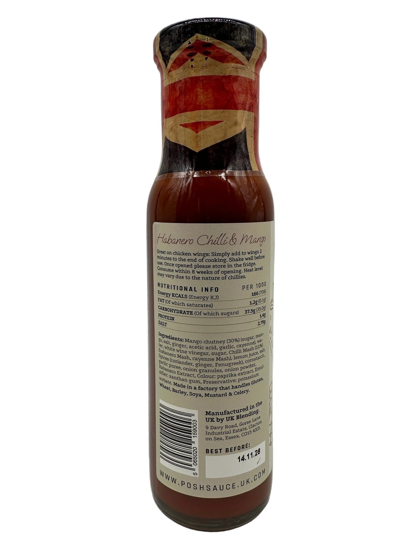 Bottle of sauce with label on a white background