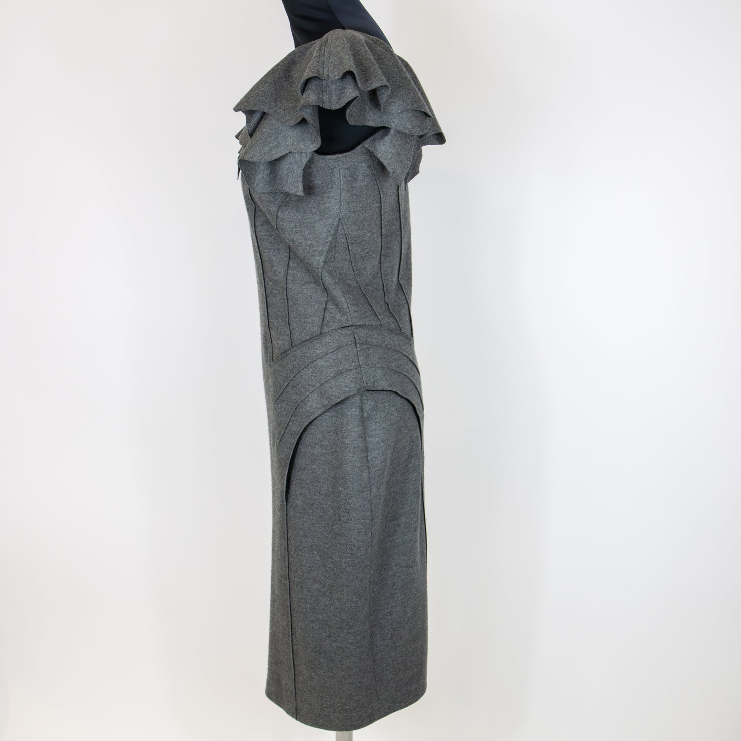 Fendi Grey Panelled Flounce Shoulder Fleece Wool Dress UK 14 RRP £1,000