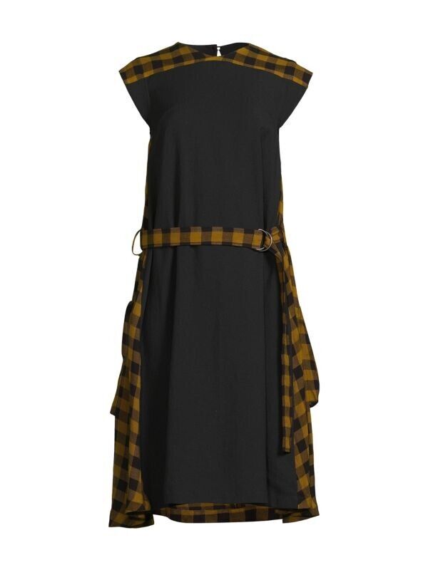 Front view of Kenzo Sleeveless Check Belt Dress (Black and brown colours)