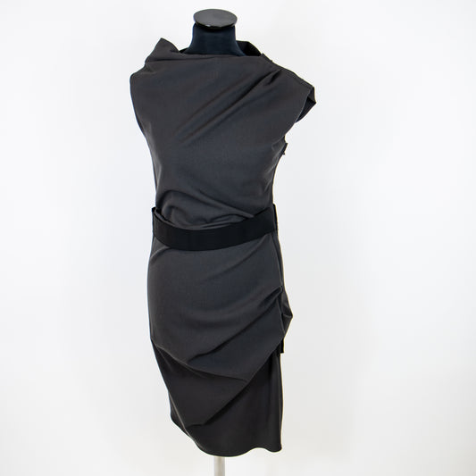 Front view of Lanvin Paris Dark Grey Wool Ruched Knee Length Dress UK 10