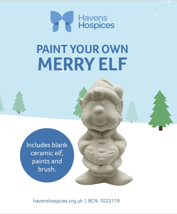 Blank ceramic elf with paint supplies for 'Paint Your Own Merry Elf' activity by Havens Hospices.