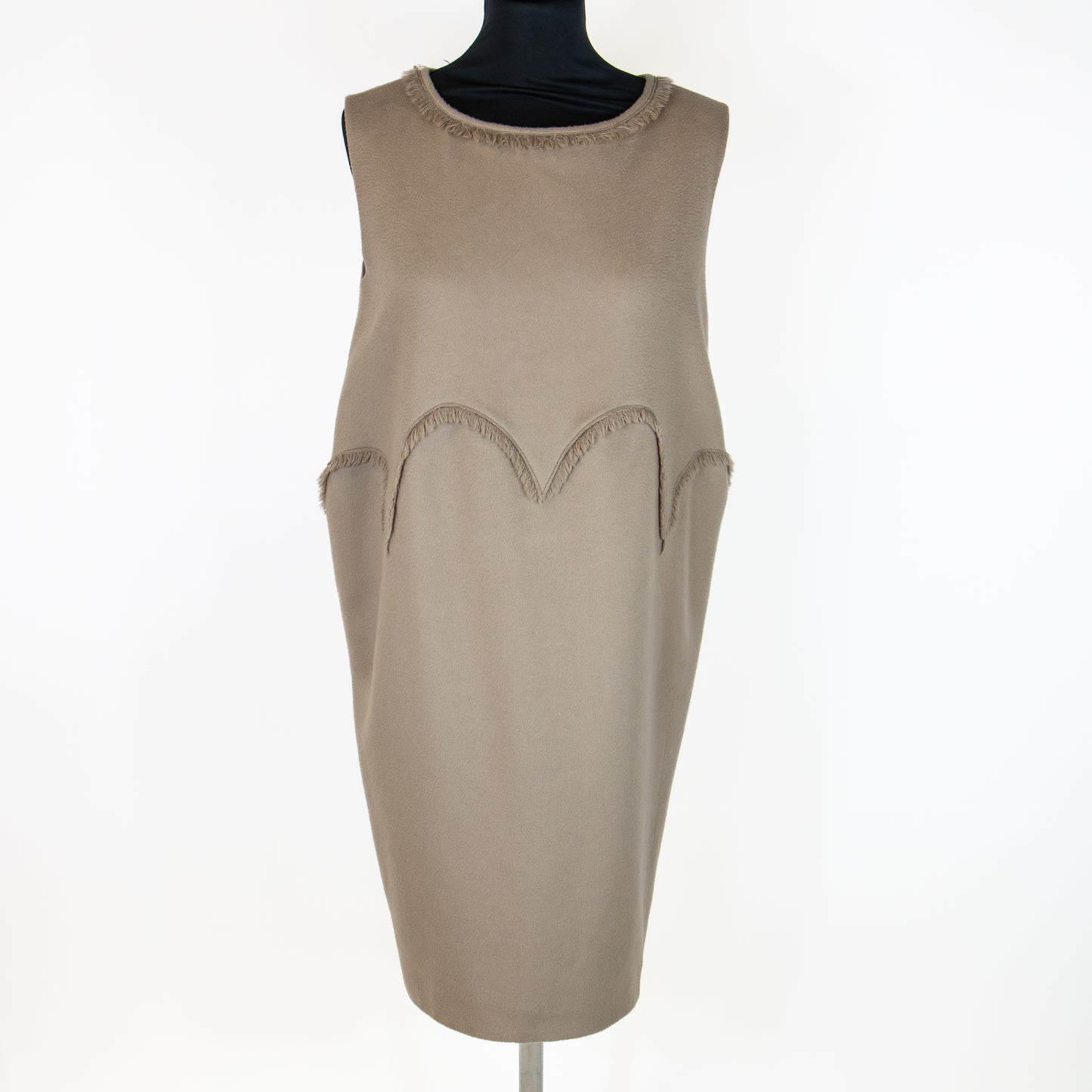 Front view of Yves Saint Laurent Alpaca Wool Taupe Fringe Shift Dress UK 8