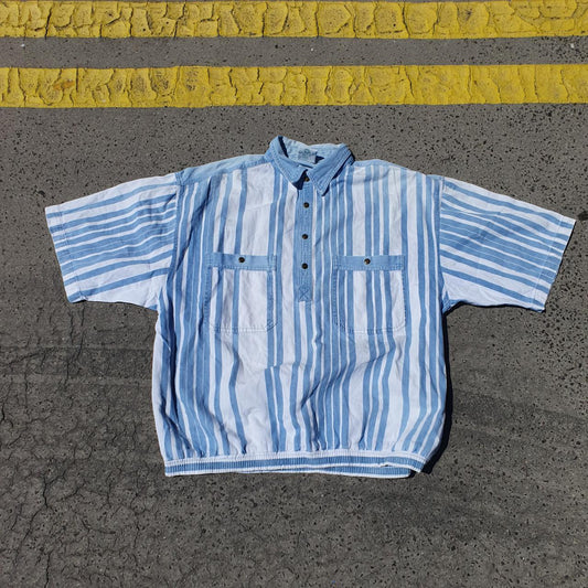 Canda short Sleeved Light striped Blue  Denim Shirt